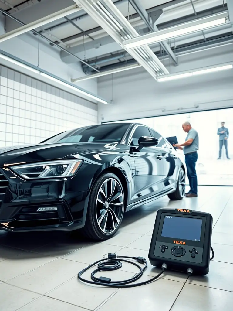 A modern car undergoing diagnostic testing with a TEXA device connected, showcasing the advanced technology used by ENR DREM.