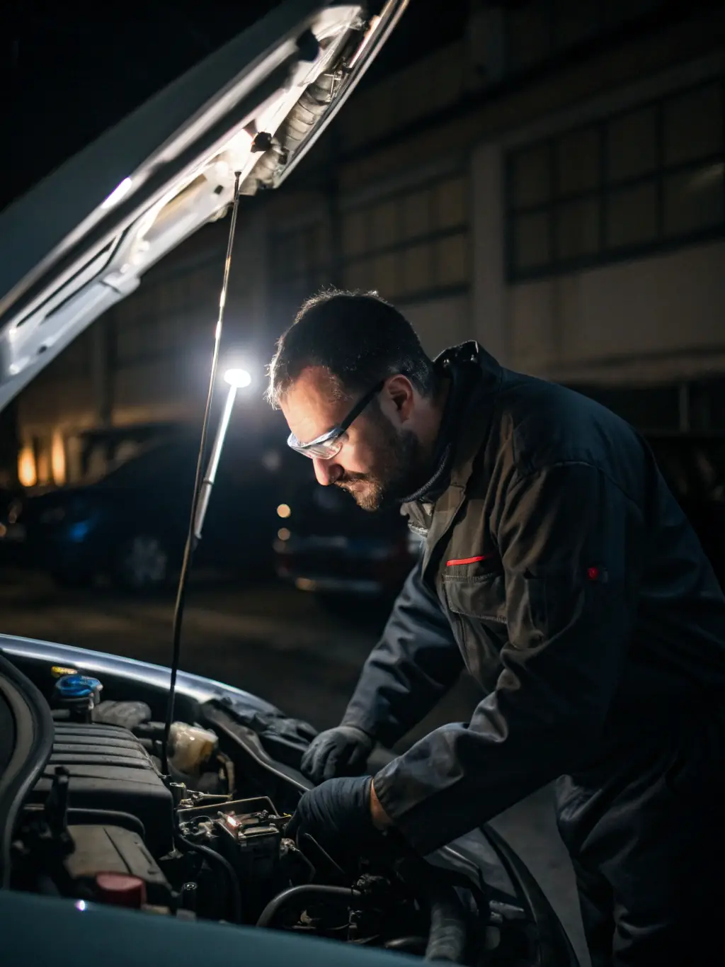 A high-quality photo of a mechanic using diagnostic equipment on a truck engine in a well-lit garage, showcasing the advanced technology used by ENR DREM.