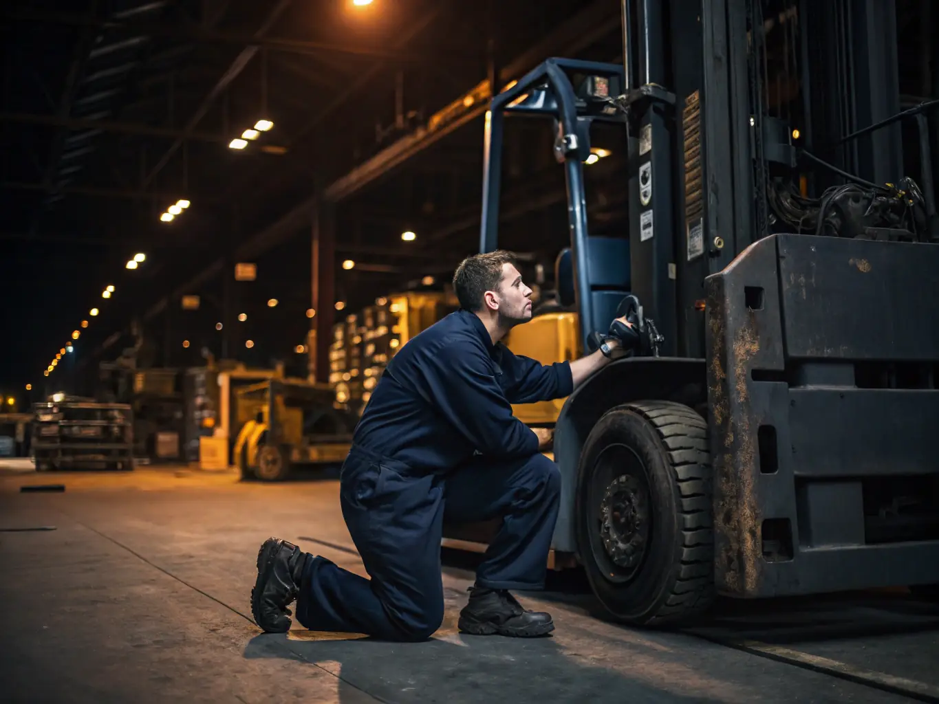 An image of a technician calibrating a guidance system on a material handling vehicle in a warehouse. The image should emphasize the precision and technology involved.
