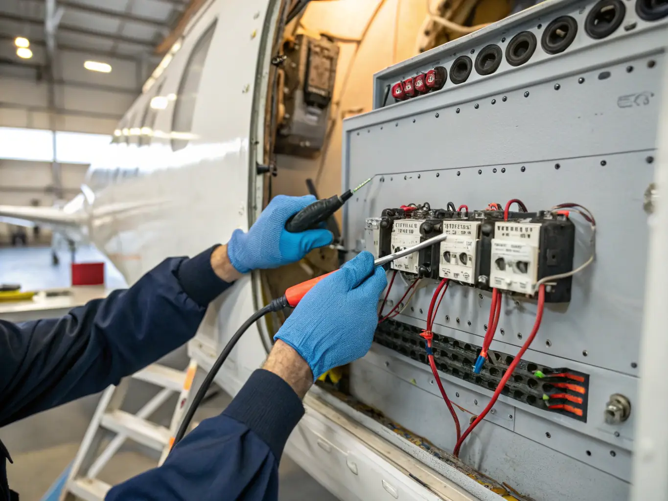 A photograph showing a technician working on the electrical system of a jet ski, with various tools and diagnostic equipment visible. The setting is a clean and organized workshop.