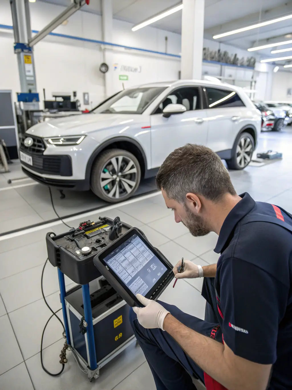A technician calibrating ADAS sensors on a car using specialized equipment, highlighting the ADAS calibration service.