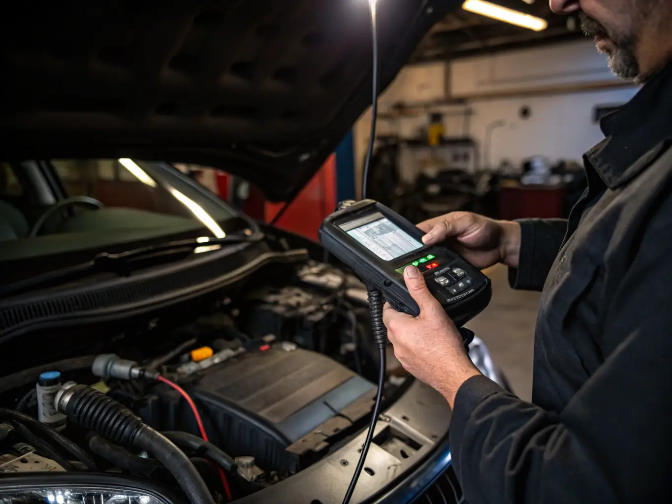 A technician using the TEXA TGS3s global scan tool to perform a full diagnostic scan on a modern vehicle, with a focus on the tool's user-friendly interface and comprehensive data display.