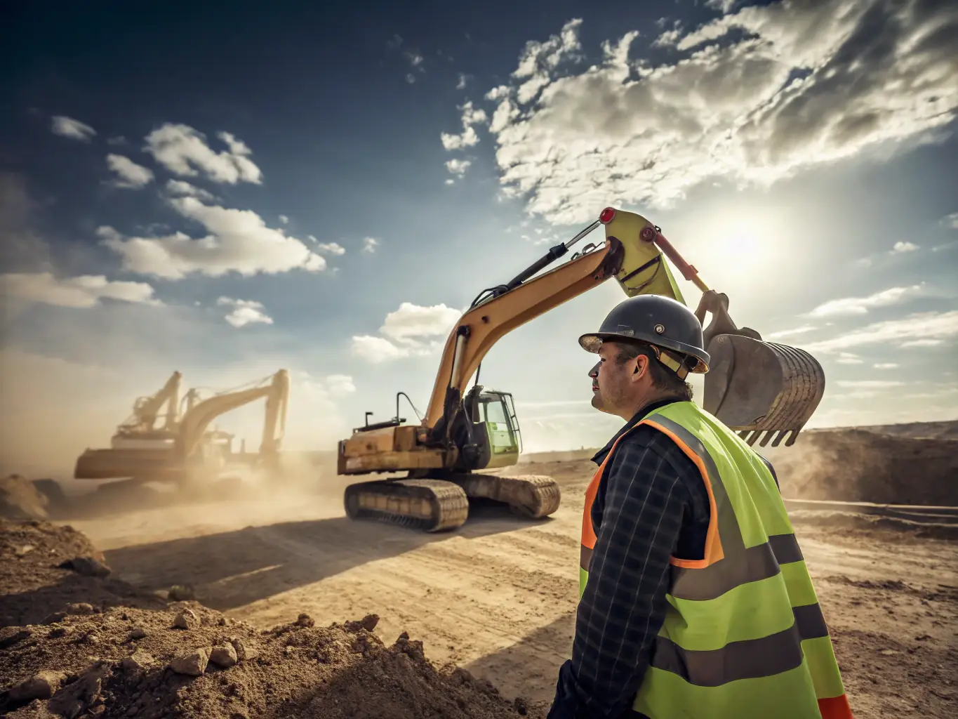 A detailed image showing a technician performing maintenance on the hydraulic system of an excavator on a construction site. The image should highlight the complexity and importance of the work.
