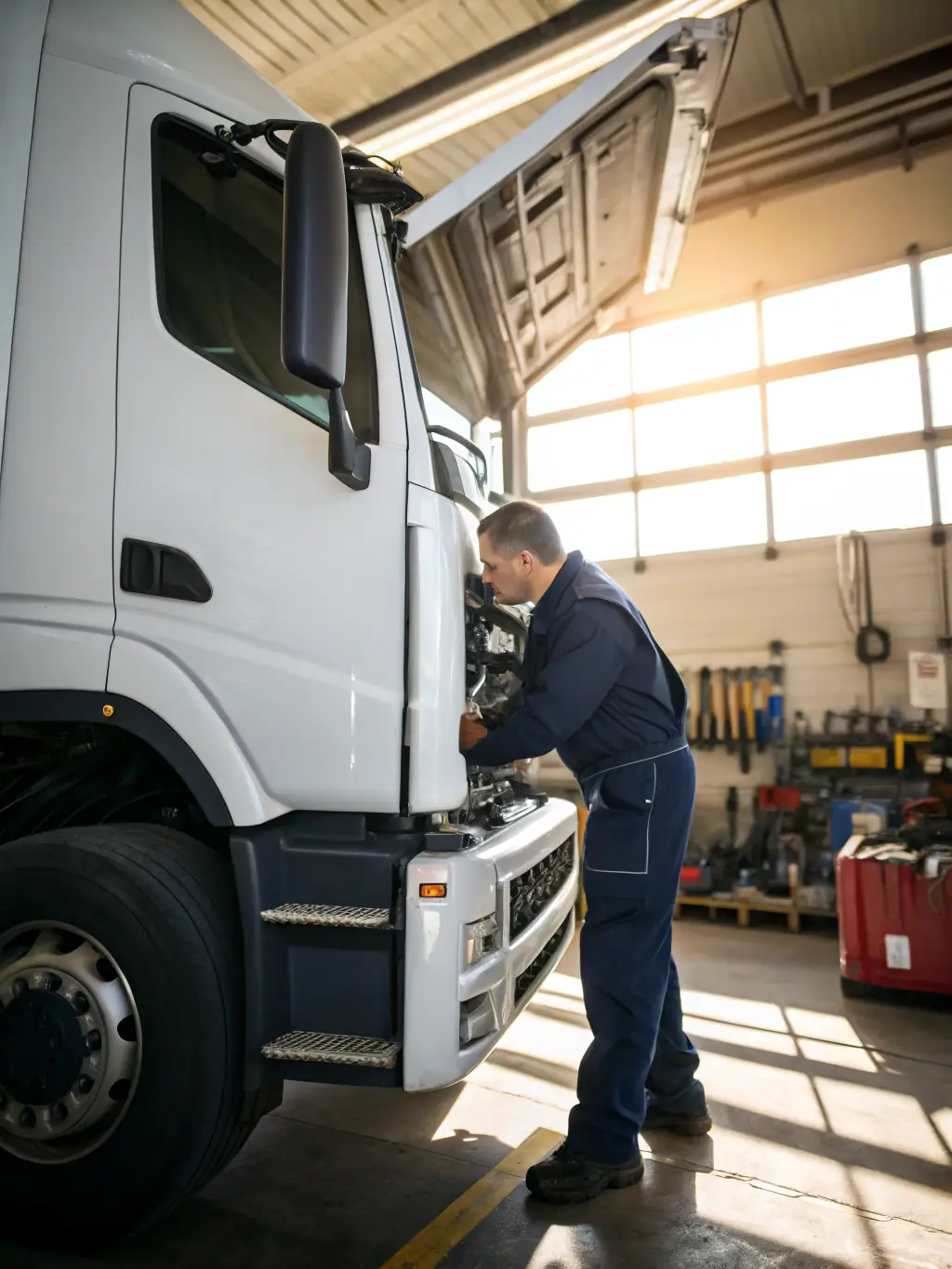 A photo of a technician working on the AdBlue system of a truck, highlighting ENR DREM's commitment to environmental compliance.
