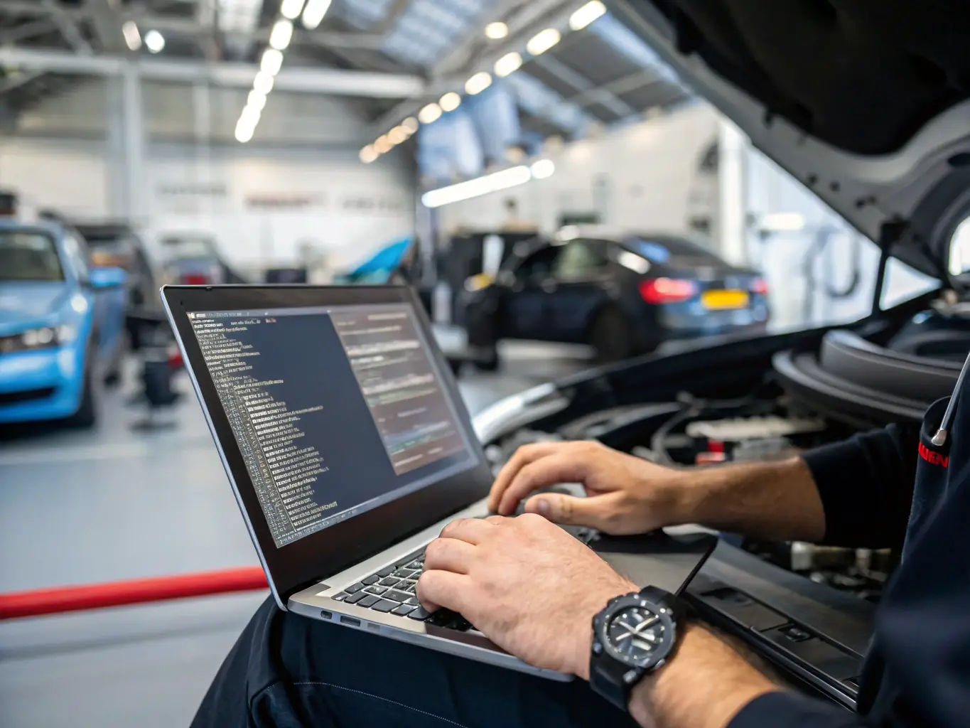 A close-up shot of a technician coding a new component on an ATV, using a laptop connected to the vehicle's diagnostic port.