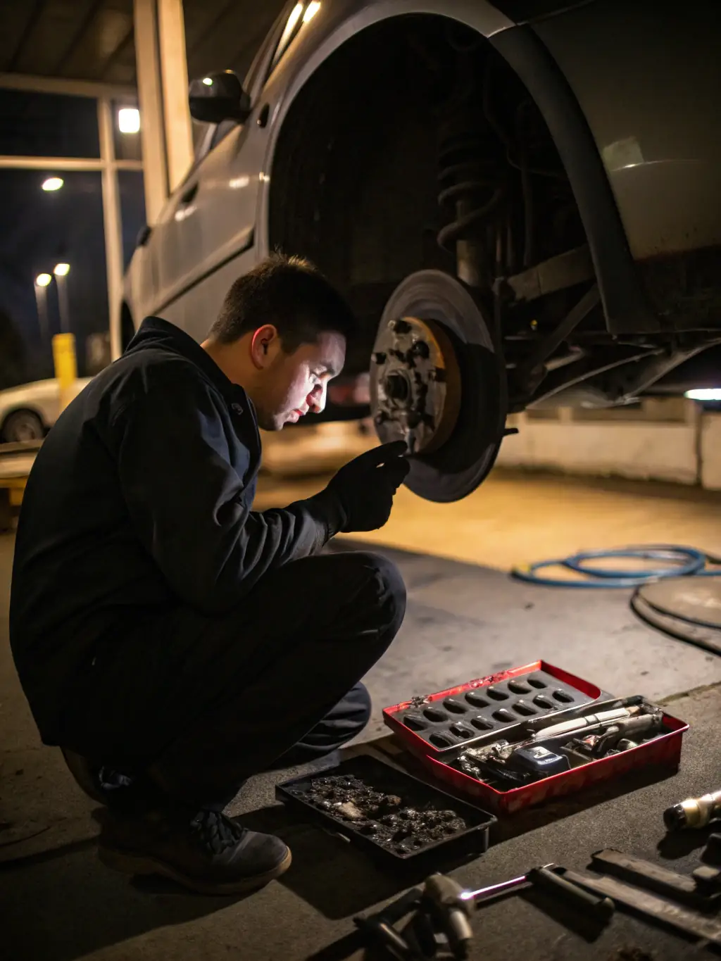A detailed image of a mechanic calibrating the braking system of a heavy-duty vehicle, emphasizing precision and safety.