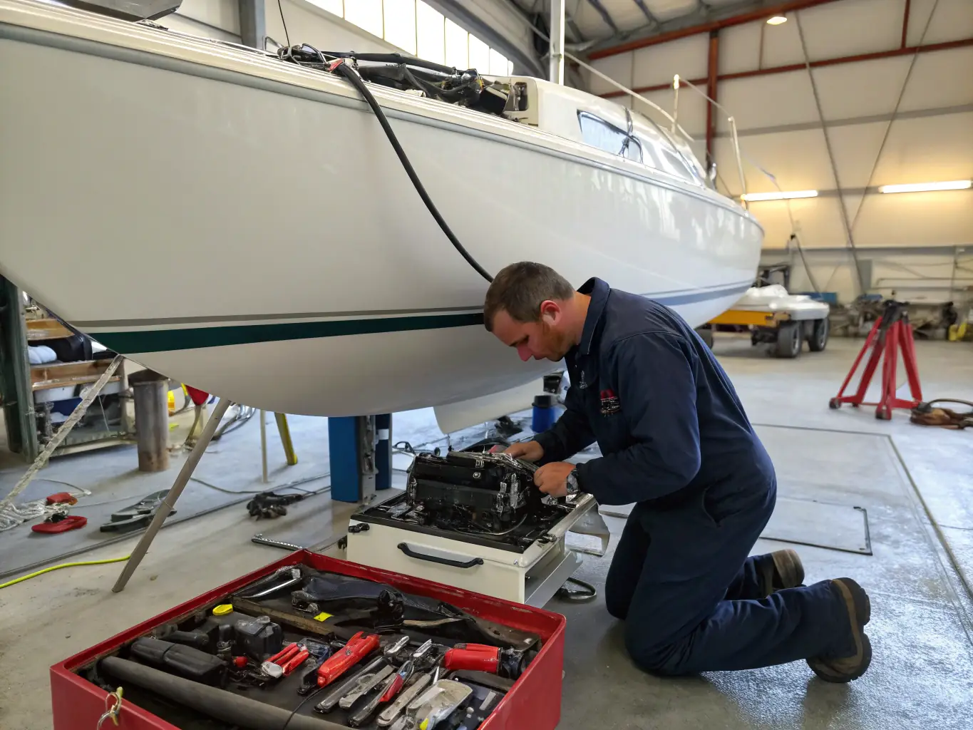 A high-quality photograph depicting a mechanic using diagnostic equipment on a boat engine in a well-equipped marine service shop. The image should convey precision and expertise.