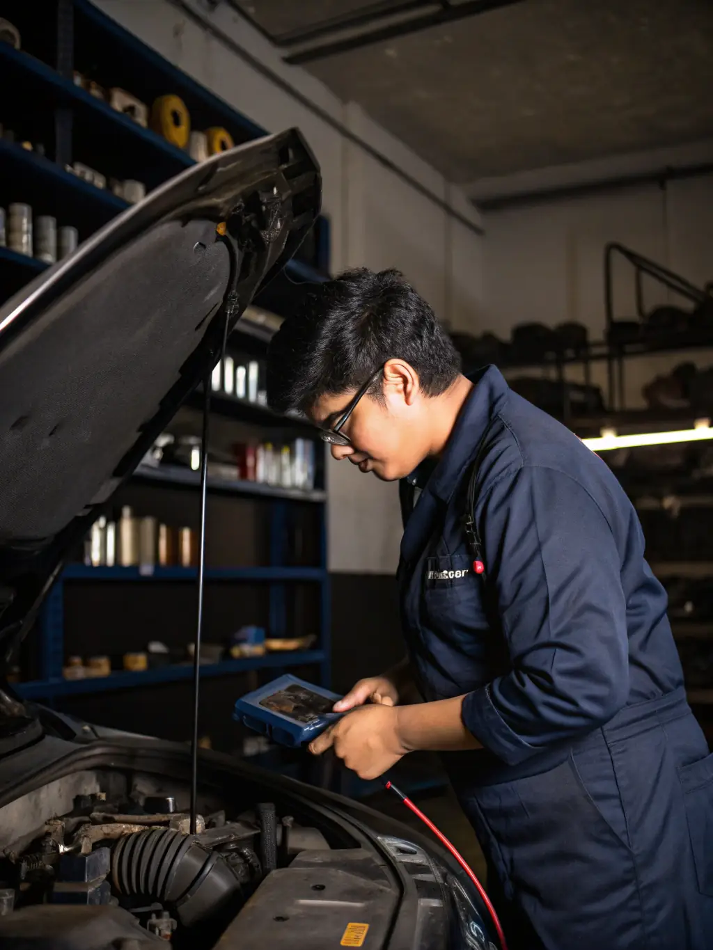 A mechanic securely accessing a car's control unit with a TEXA device, emphasizing the authenticated diagnostics capabilities.