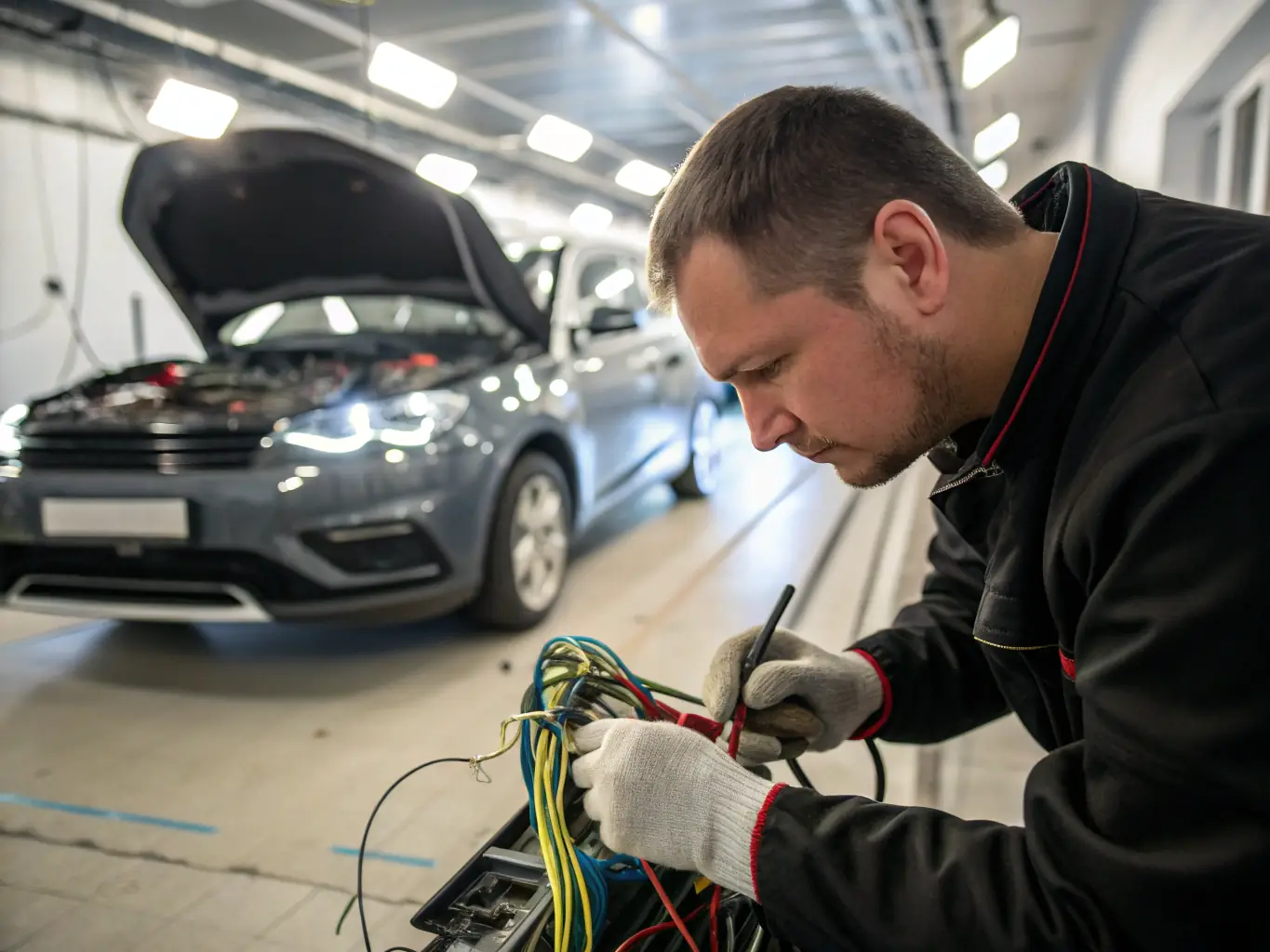 A technician working on the electrical system of a jet ski, with various diagnostic tools and wiring diagrams visible.