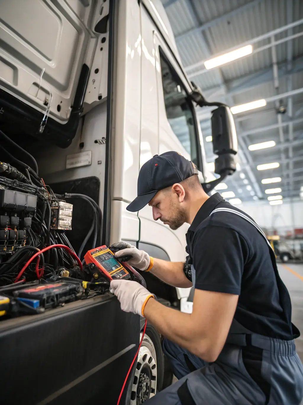 An image of a technician configuring a control unit in a truck's cab, showcasing the advanced electronic services offered by ENR DREM.